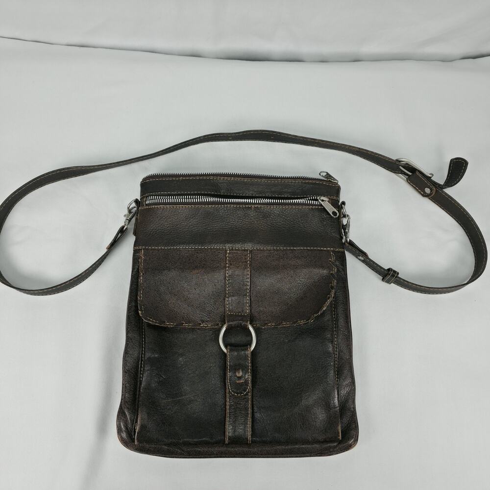 JL Salvidar Leather Crossbody Bag Brown Distressed Boho Zip Flap Pocket Purse